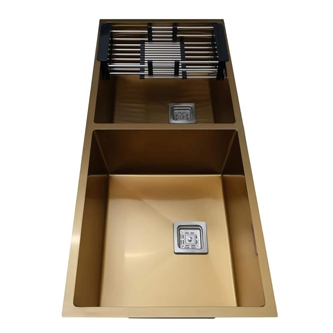 SIROTIA 45" X 20" X 10" GOLD Handmade Double Bowl Hole Kitchen With Sink Matte Finish. 304 Grade SS