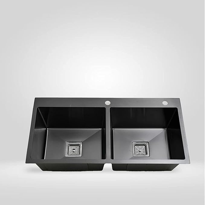 SIROTIA 32" X 18" X 10" Black Handmade Double Bowl With Tap Hole Kitchen Sink With Matte Finish. 304 Grade SS