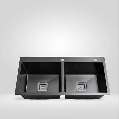 SIROTIA 32" X 18" X 10" Black Handmade Double Bowl With Tap Hole Kitchen Sink With Matte Finish. 304 Grade SS