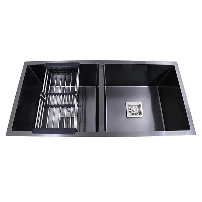 SIROTIA 45" X 20" X 10" Black Handmade Double Bowl Kitchen Sink With Matte Finish. 304 Grade SS